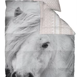 Heste junior sengetøy - 100x140 cm - Junior sengesett med hvit hest - 2 i 1 design - 100% bomullsateng