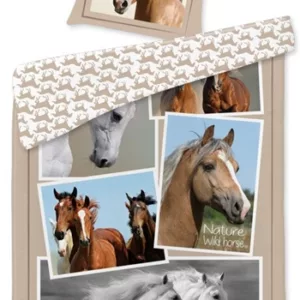 Hestesengetøy - 140x200 cm - Sengesett med flere hestebilder - 2 i 1 design - 100% bomull