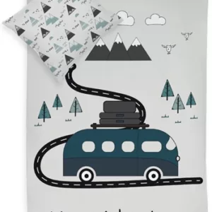 Junior økologisk sengetøy - 100x140 cm - Sengesett med blå bil junior - 100% bomull