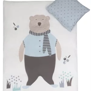 Junior sengetøy - 100x140 cm med bamse - Bjørn lyseblå - 2 i 1 design - 100% bomull