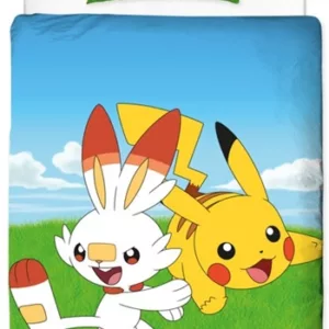 Pokemon sengetøy - 100% bomull - 140x200 cm - 2 i 1 Design - Pikachu og Scorbunny