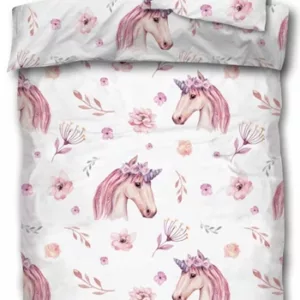 Sengetøy barn - 100x140 cm - Enhjørning og blomster - 100% bomull