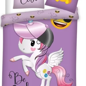 Unicorn Sengetøy - 140x200 cm - Emoji Unicorn - 2 i 1 design - 100% bomull