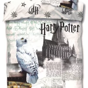 Harry Potter sengetøy - 140x200 cm - Harry Potter sengesett - Hogwarts og uglen Hedwig - 2 i 1 design - 100% bomull